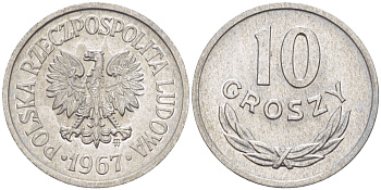 Польша 10 грошей 1967 MW KM AA47, Parchimowicz 206f алюминий XF-UNC 4181-322