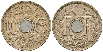 Франция 10 сантимов 1939 KM 889.1, Le Franc 139/3 никель-бронза UNC 4584-645