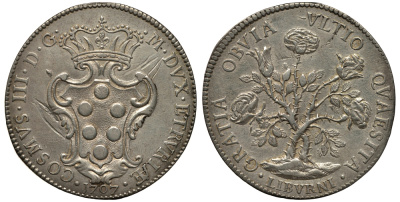 Флоренция, Тоскана 1 пиастр 1707 Козимо III Медичи, розовый куст Dav. 1501 серебро 10-005-28
