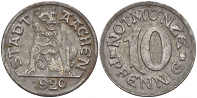 Германия, Ахен 10 пфеннигов 1920 нотгельд, земля Северный Рейн-Вестфалия Funck 1.1 железо 3856-1024
