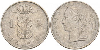 БЕЛЬГИЯ 1 ФРАНК 1950 BELGIE KM 143.1 медно-никель 68-337