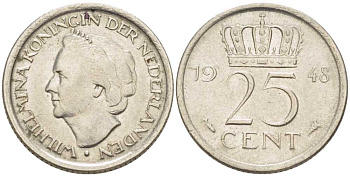 НИДЕРЛАНДЫ 25 ЦЕНТОВ 1948 ВИЛЬГЕЛЬМИНА (1890-1948) KM 177 никель 211-628