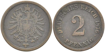 ГЕРМАНИЯ 2 ПФЕННИГА 1876 A, СТАРОГЕРБОВКА KM 2, J. 2, Weege 3 медь 212-632