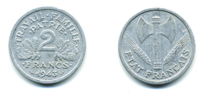Франция 2 франка 1943 правительство Виши KM 904.1 алюминий 54-1223