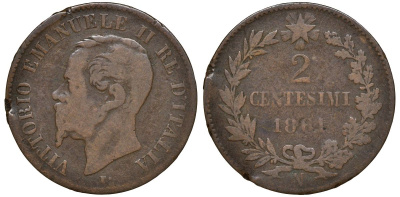 Италия 2 чентезимо 1861 N, Виктор Эммануил II KM 2.2 медь 4164-666