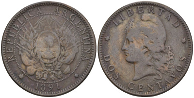 Аргентина 2 сентаво 1891 голова свободы влево KM 33, CJ 32 бронза    4394-824