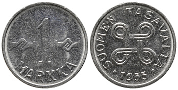ФИНЛЯНДИЯ 1 МАРКА 1955 KM 36а железо плакированное никелем 99-937