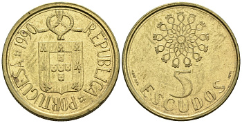 Португалия 5 эскудо 1990 KM 632 никель латунь 4148-454