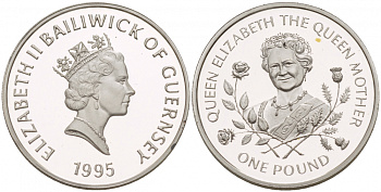 Гернси 1 фунт 1995 Королева Елизавета, королева мать KM 77 серебро PROOF 02-117-23