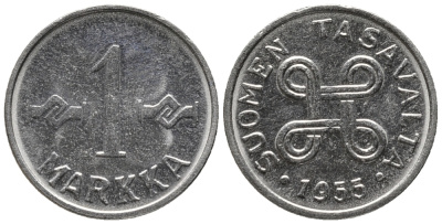 ФИНЛЯНДИЯ 1 МАРКА 1955 KM 36а железо плакированное никелем 99-937