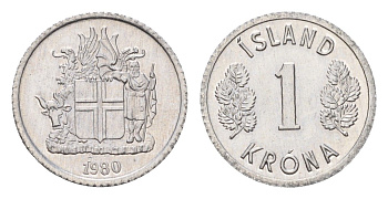Исландия 1 крона 1980 KM 23 алюминий UNC 4687-818