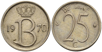 БЕЛЬГИЯ 25 САНТИМОВ 1970 BELGIQUE KM 153.1 медно-никель 4528-1024