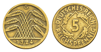 Германия 5 рейхспфеннигов 1924 G KM 39, J. 316 алюминиевая бронза 4636-553