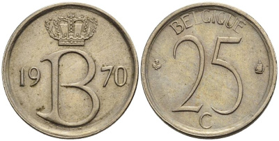 БЕЛЬГИЯ 25 САНТИМОВ 1970 BELGIQUE KM 153.1 медно-никель 4528-1024