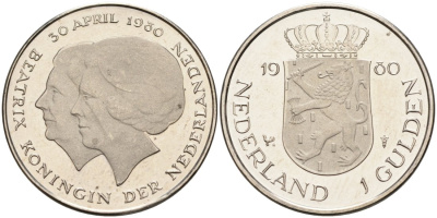 Нидерланды 1 гульден 1980 на коронацию Беатрикс, 30 апреля 1980 KM 200 никель UNC 3334-425