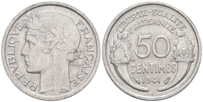 ФРАНЦИЯ 50 САНТИМОВ 1941 ТИП MORLON LOURDE KM 894.1a, LE FRANC 193.2 алюминий 44-312