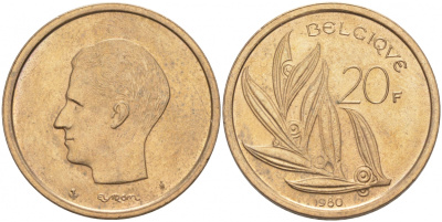 Бельгия 20 франков 1980 Belgique, Бодуэн I (1951-1993) KM 159 никель бронза 68-246