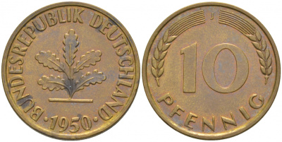 ФРГ 10 ПФЕННИГОВ 1950 J KM 108, J.383 сталь плакированная латунью 3853-127
