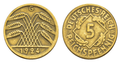 Германия 5 рейхспфеннигов 1924 G KM 39, J. 316 алюминиевая бронза 4636-553