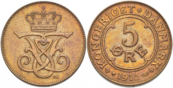 Дания 5 эре 1912 KM 806 бронза aUNC 272-1043