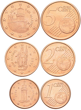САН-МАРИНО ЛОТ ИЗ 3 МОНЕТ 2006 (1, 2, 5 ЕВРОЦЕНТОВ) KM 440, 441, 442 сталь плакированная медью UNC N4-69