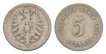 Германия 5 пфеннигов 1875 B, Вильгельм I (1871-1888) KM 3, J. 3, Weege 5 медно-никель 4639-1243