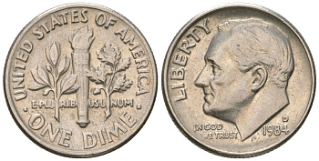 США 10 центов (дайм) 1984 D, президент Рузвельт KM 195a медь плкированный медно-никелем 4549-1042