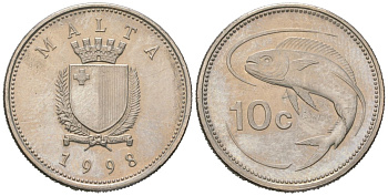 Мальта 10 центов 1998 золотая макрель KM 96 медно-никель aUNC 4528-1014