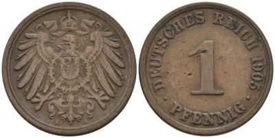 Германия 1 пфенниг 1905 A KM 10, J. 10 медь 4567-1215