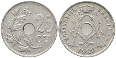 БЕЛЬГИЯ 25 САНТИМОВ 1929 BELGIE KM 69 медно-никель 34-351