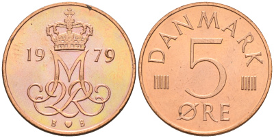 Дания 5 эре 1979 B; B, Маргрете II (1972-) KM 859.2 железо плакированное медью    4596-318
