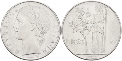 ИТАЛИЯ 100 ЛИР 1958 R АФИНА KM 96.1 сталь 3855-736