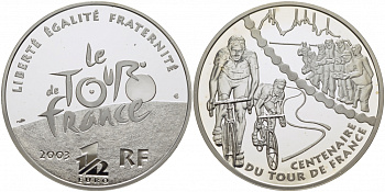 Франция 1 1/2 евро 2003 100 лет велогонкам Тур де Франс, два велосипедиста KM 1323 серебро PROOF 1077-7-44