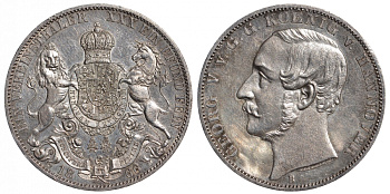 Брауншвейг-Каленберг-Ганновер 1 талер 1866 В, Георг V (1851-1866) КМ 230, AKS. 144, Dav. 682, Kahnt 239, Thun 174 серебро UNC 00-815-57