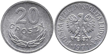ПОЛЬША 20 ГРОШЕЙ 1971 KM A47 алюминий 105-968