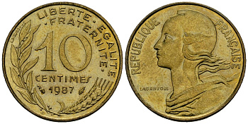 Франция 10 сантимов 1987 тип Marianne KM 929 алюминиевая бронза 4136-427