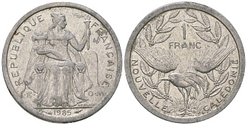 Французская Новая Каледония 1 франк 1985 птица кагу, (IEOM) KM 10, Schoen 10, Lec 47 алюминий 51-3625