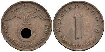 Германия 1 рейхспфенниг 1939 G KM 89, J 361 бронза 4136-1238