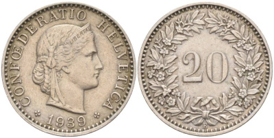 ШВЕЙЦАРИЯ 20 РАППЕНОВ 1939 В KM 29a медно-никель 55-644