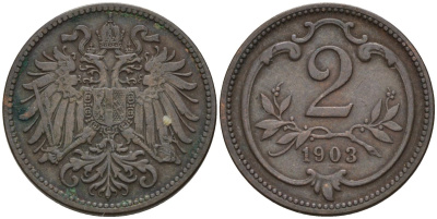 Австрия 2 геллера 1903 Франц Иосиф (1848-1916) KM 2801 бронза 4596-132