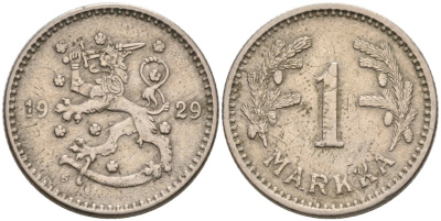 ФИНЛЯНДИЯ 1 МАРКА 1929 S KM 30 медно-никель 4563-626