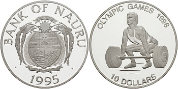 Науру 10 долларов 1995 Олимпийские игры 1996 года в Атланте, тяжелая атлетика, штангист KM 9 серебро PROOF 000-000-00