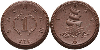 Саксония 1 марка 1921 парусник J. N 55 фарфор 1094-3-13