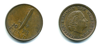 НИДЕРЛАНДЫ 1 ЦЕНТ 1975 ЮЛИАНА KM 180 бронза 76-316