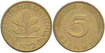 ФРГ 5 ПФЕННИГОВ 1972 G KM 107, J. 382 сталь плакированная латунью 4181-936
