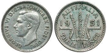 Австралия 3 пенса 1951 m, Георг VI (1937-1952), без букв KM 44 серебро 71-334