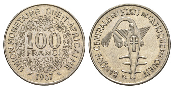 Западная Африка (BCEAO) 100 франков 1967 Центральный банк государств Западной Африки KM 4 никель UNC 4642-315