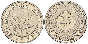 Нидерландские Антилы 25 центов 1991 Беатрикс (1980-2013) KM 35 сталь плакированная никелем 4169-421