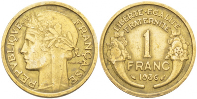ФРАНЦИЯ 1 ФРАНК 1936 KM 885 алюминиевая бронза 4402-852
