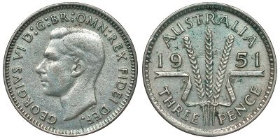 Австралия 3 пенса 1951 m, Георг VI (1937-1952), без букв KM 44 серебро 71-334